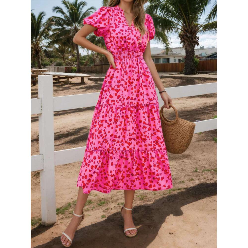 Maxi Dress Summer New Bubble Sleeve Floral Dress Sexy Printed Waist Skirt Floral Dress