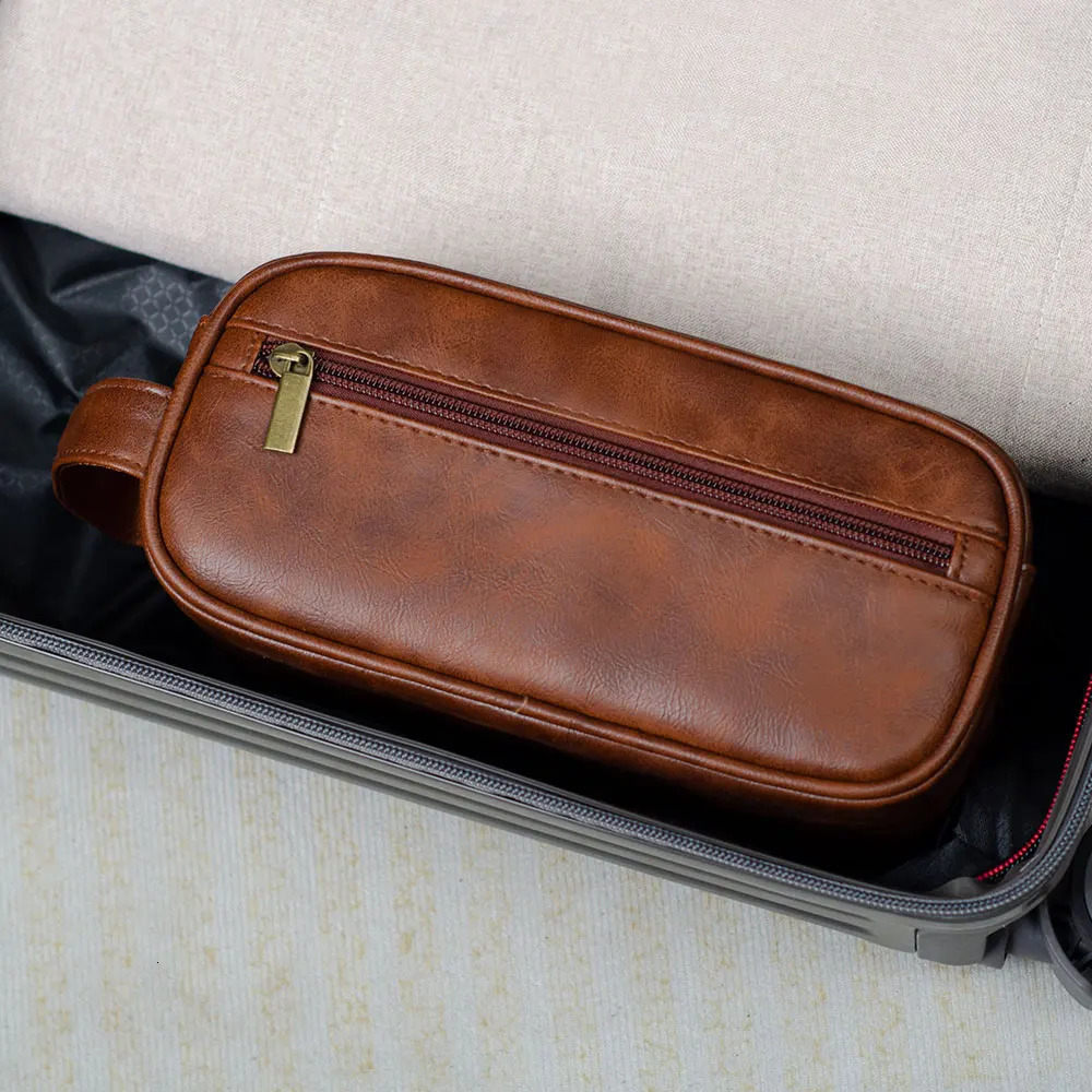 Men Leather Wash Bag Travel Business Trips Portable Cosmetic Bag Large Capacity Multi Pocket Handheld Leather Wash Bag 250603