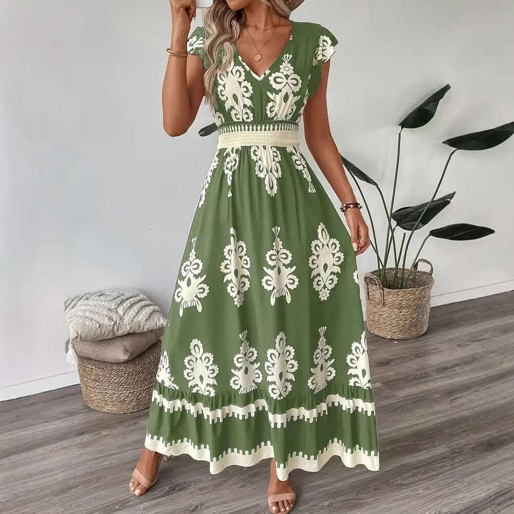 Maxi Dress Spring Summer New Women S Vacation Style Beach Skirt Printed V Neck Large Swing Dress Long Dress