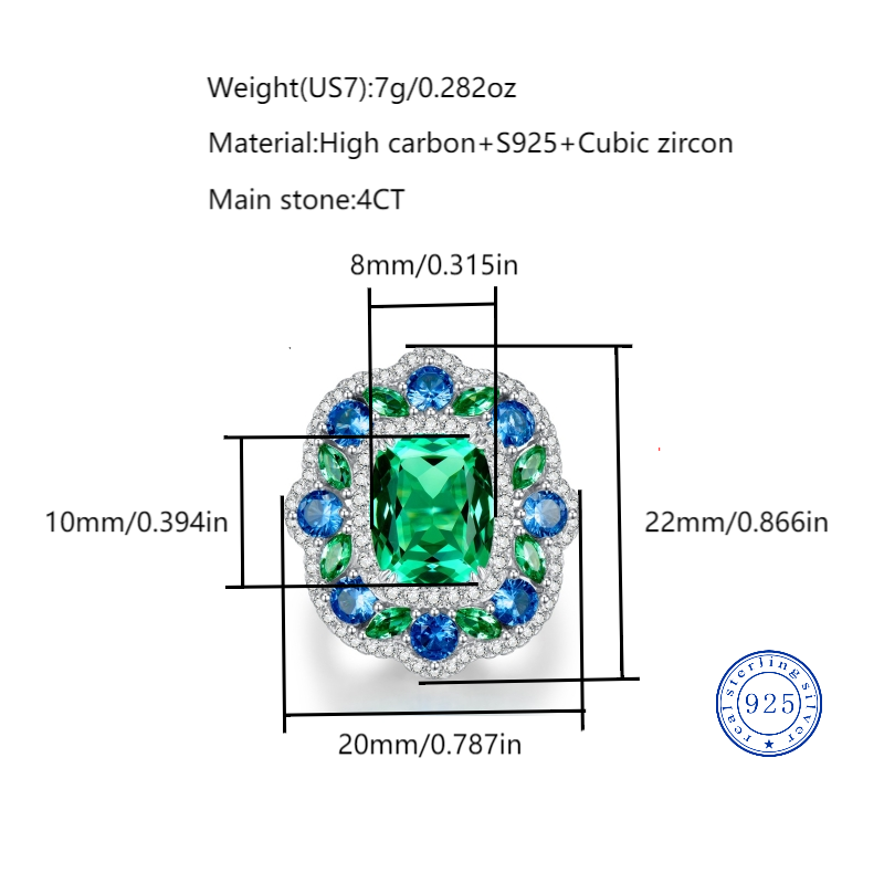 S925 sterling silver 8*10 high carbon diamond green tourmaline best girl girlfriend's garden ring European luxurious and high-end live sales best