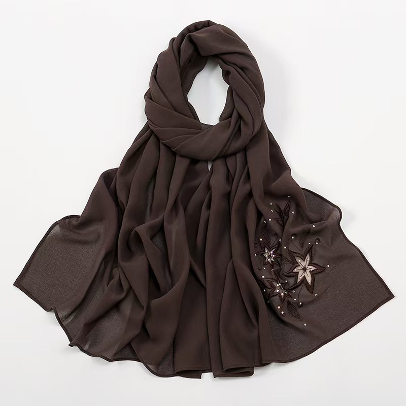 T787 new chiffon embroidery hot diamond solid color headscarf female simple versatile scarf
