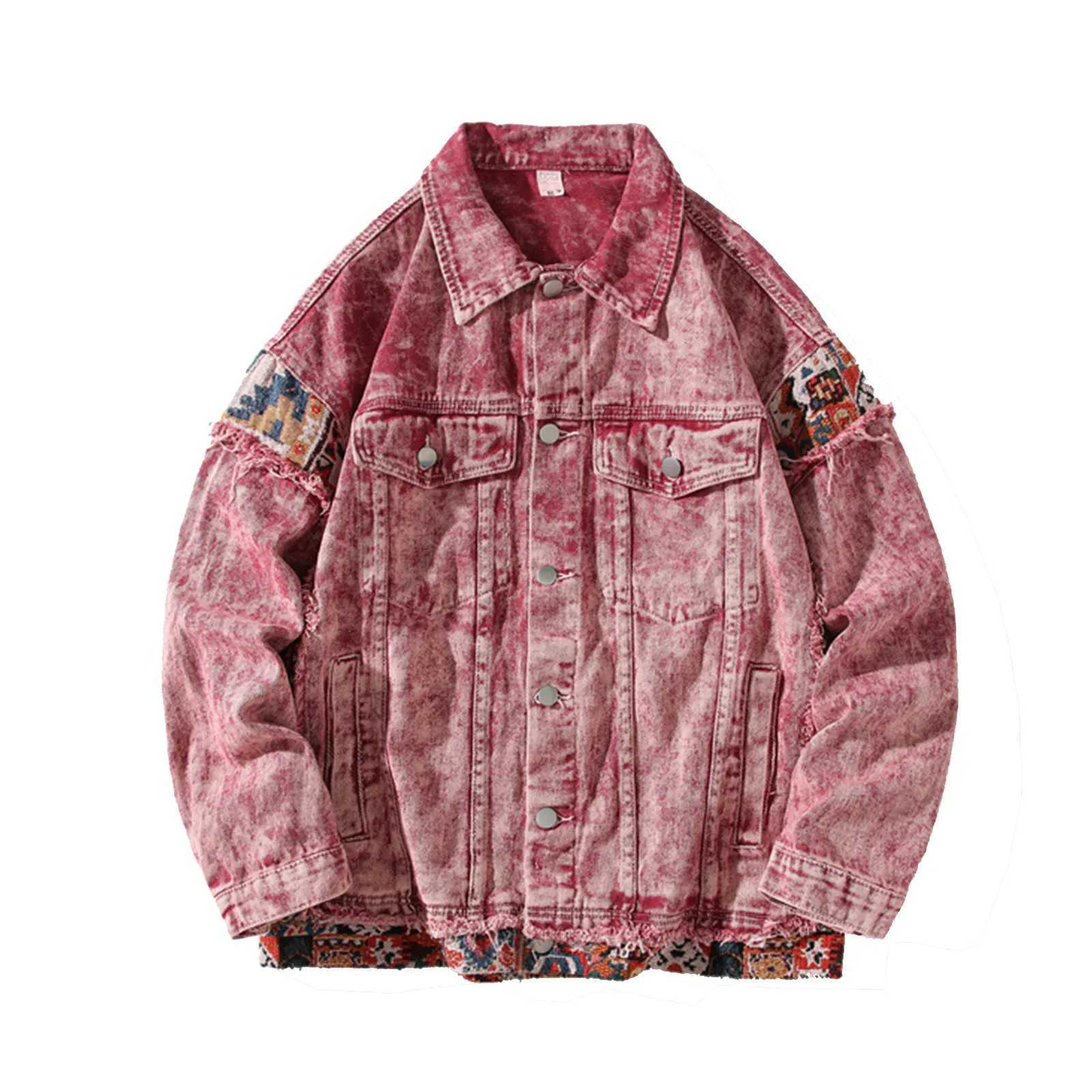 Mens Denim Jacket Cowboy Retro Cotton Denim Coat Spring Loose Fit Jeans Jacket Outerwear Y2k Vintage Ripped Painted Denim Jacket W250524