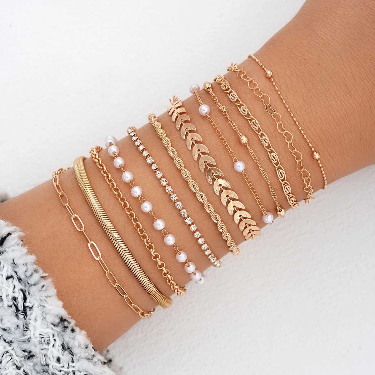12Pcs Vintage Elegant Gold Color Bracelet Sets Simple Copper Metal Zircon Pearl Chain Bracelet Everyday Party Jewelry Gifts 2024 XJ250524