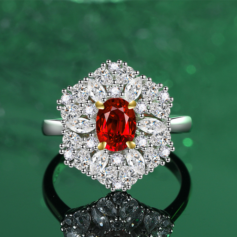 Luxury S925 Sterling Silver Ice Flower Cut Ring with Padma Red, Pink and Green Diamonds for Women, Perfect for Engagement and Wedding