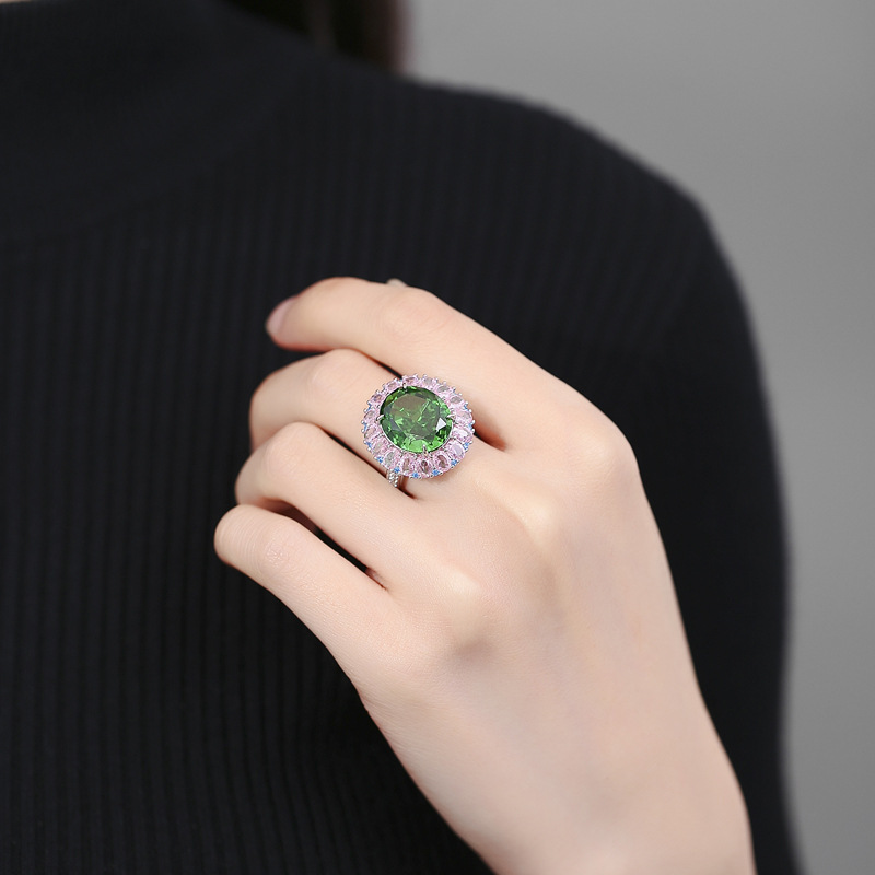 Luxury 925 Sterling Silver Adjustable Ring with Green Gemstone, High-Carbon Diamond, Pink Teardrop Stones, Elegant Floral Design for Women