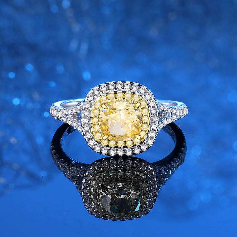 Elegant S925 Sterling Silver Ring with High Carbon Diamonds and Square Yellow Diamond Ice Flower Cut Design for Women