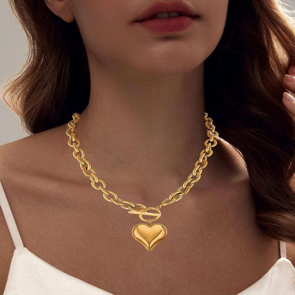 Golden fluffy 40.64cm/45.72cm thick heart-shaped for women's fashion 14K gold toggle necklace