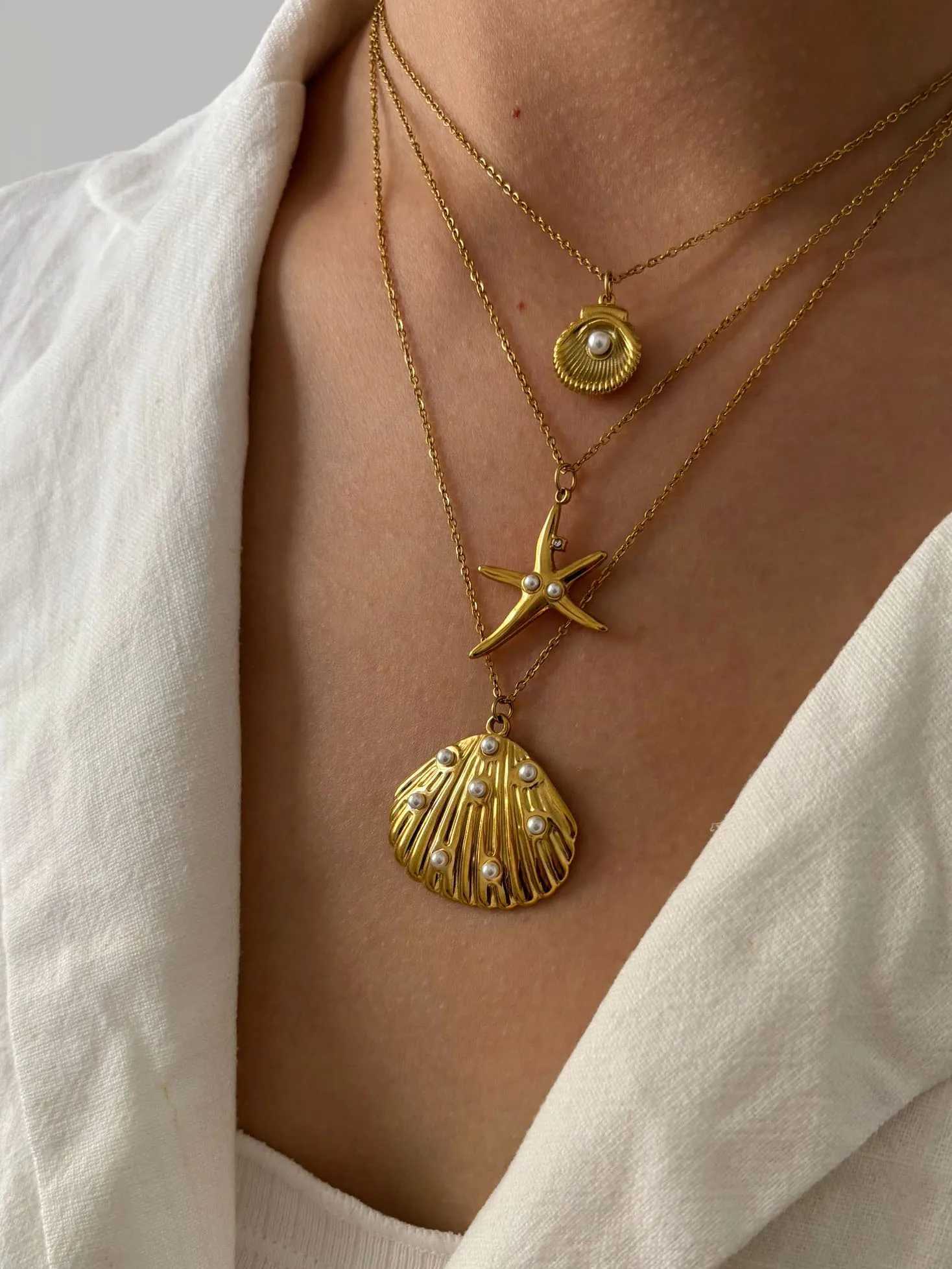 GHIDBK Ocean Style Shell Starfish Rhinestone Imitation Pearls Pendant Necklace for Women Summer Beach Fashion Jewelry Waterproof XJ250524