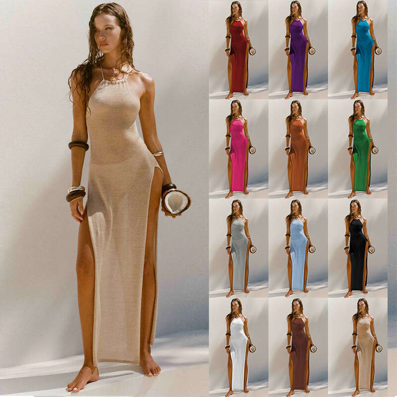 Maxi Dress Double Sided High Slit Suspender Beautiful Back Knitted Beach Vacation Style Dress Long Dress