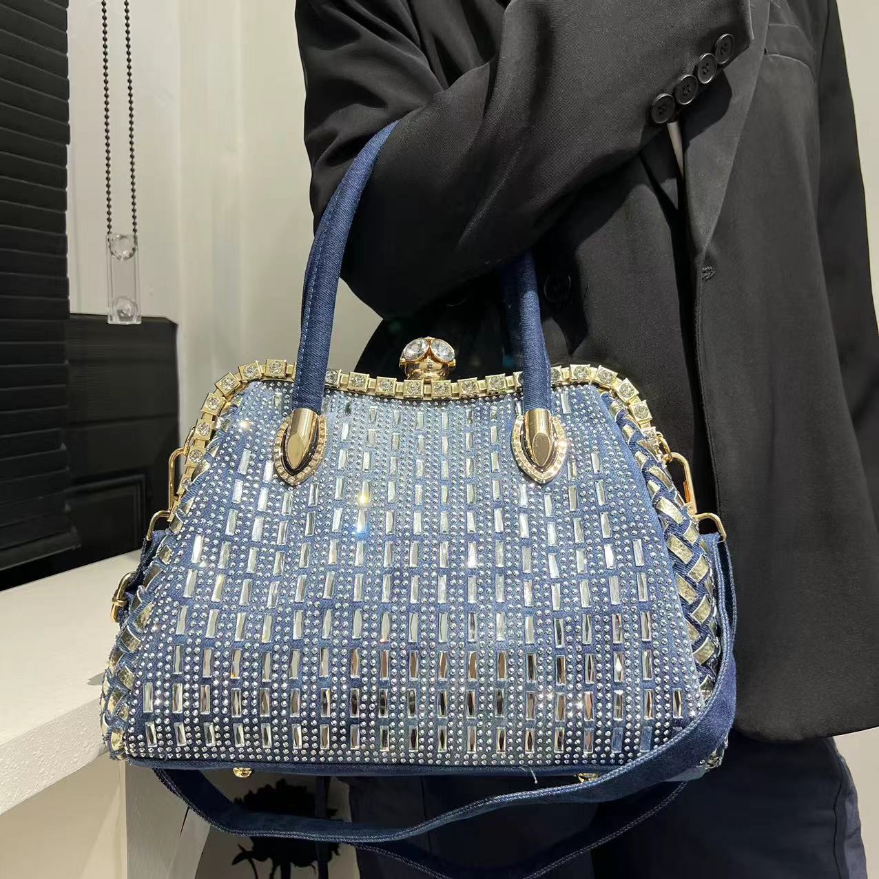 Ladies' denim diamond woven tote bag with large capacity, trendy personality, simple single shoulder crossbody bag