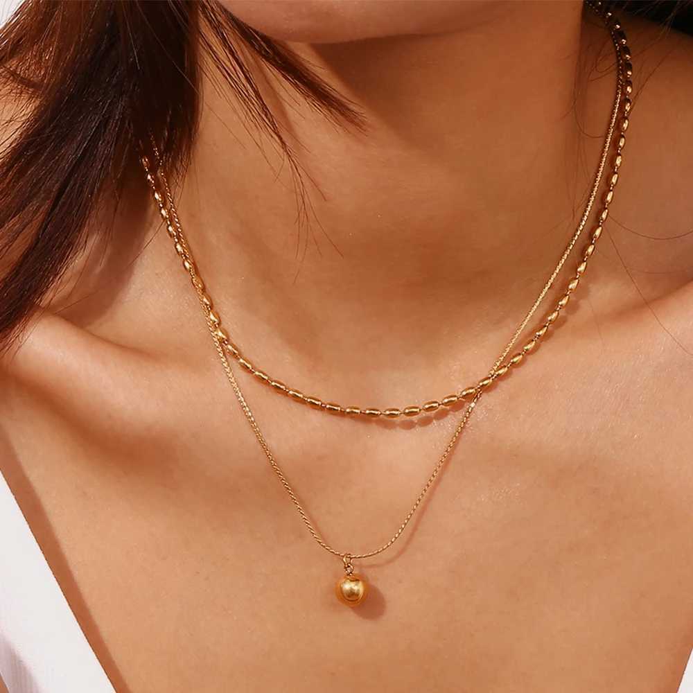 E.B.belle Simple Double-layer R bead Pendant Necklace 316L Stainl Steel Decoration 18K Gold Plated Jewelry XJ250524