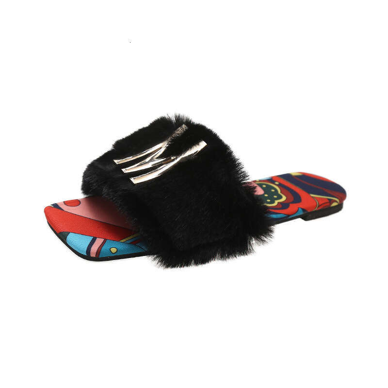 35-43 Large Hairy Slippers For Women's Summer Outerwear Fashion Sandals 2025 New Square Head Flat Slippers Designer Sandals