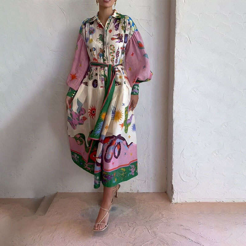 Maxi Dress Women S Casual Personalized Printed V Neck Tied Waist Long Sleeved Big Swing Dress For Women Floral Dress