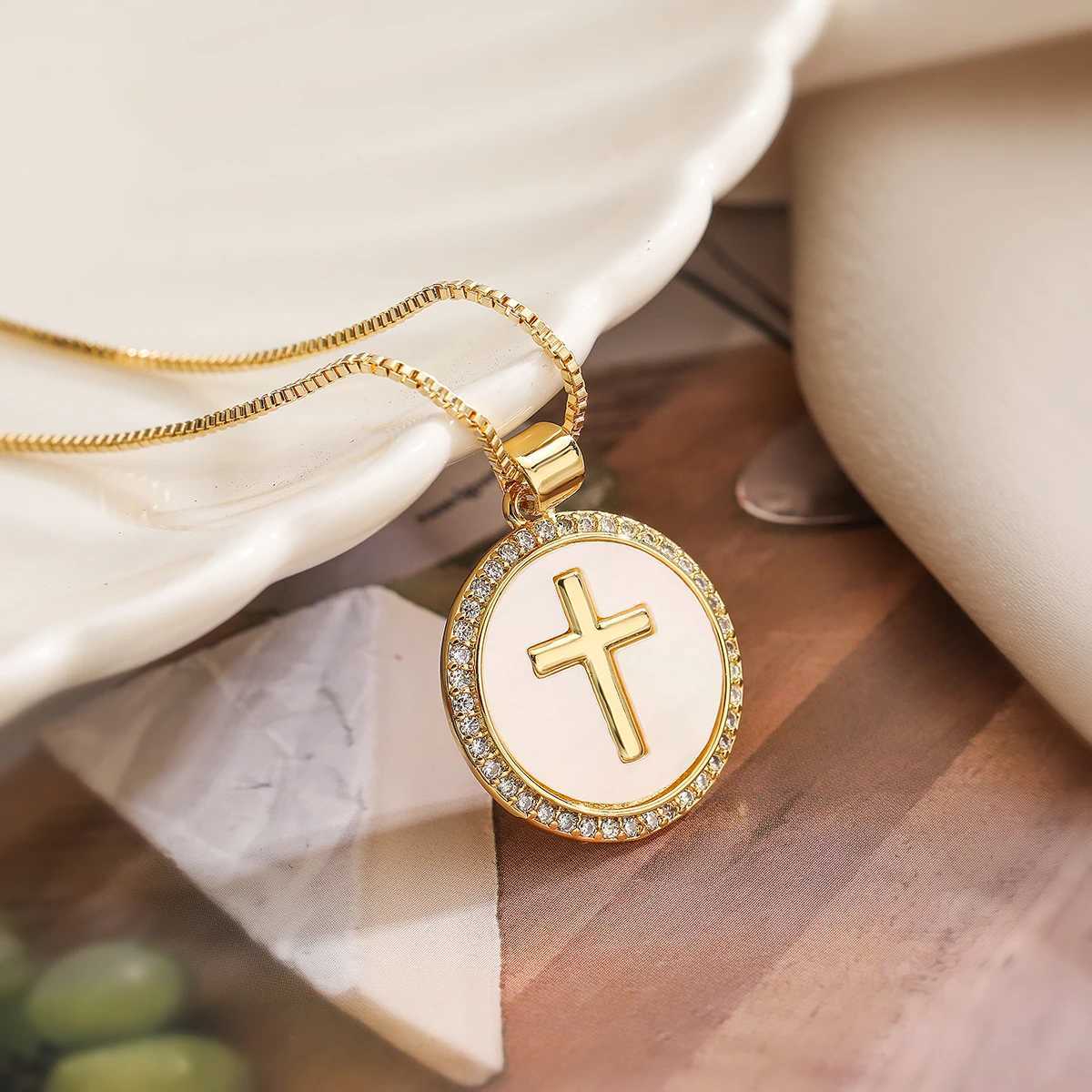 NEWBUY Fashion Gold Color Round Cross Virgin Mary Pendant Necklaces For Women Shiny CZ Zircon Inlay Christian Jewelry XJ250524