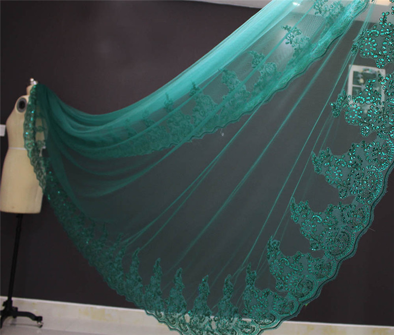 Modern Green Sequins Wedding Veil One Layer Long Cathedral Veils Appliques Edge With Comb Customized Bridal Accessories