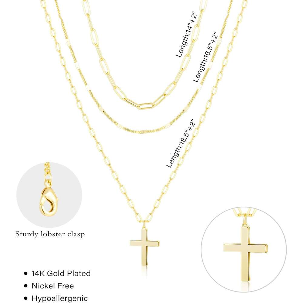 Ladies' layered gold stackable exquisite 14K gold-plated fashionable round paper clip chain pendant necklace, simple cross bow jewelry set, suita