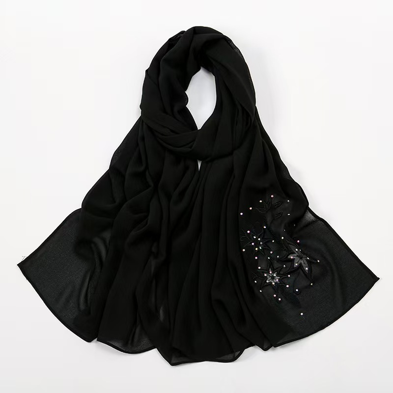 T787 new chiffon embroidery hot diamond solid color headscarf female simple versatile scarf