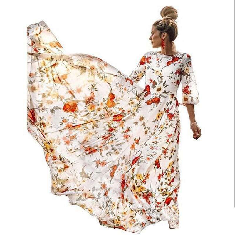 Maxi Dress Spring Autumn New With Digital Printing And Dazzling Style Fragmented Flower Slimming Long Dress Floral Dress