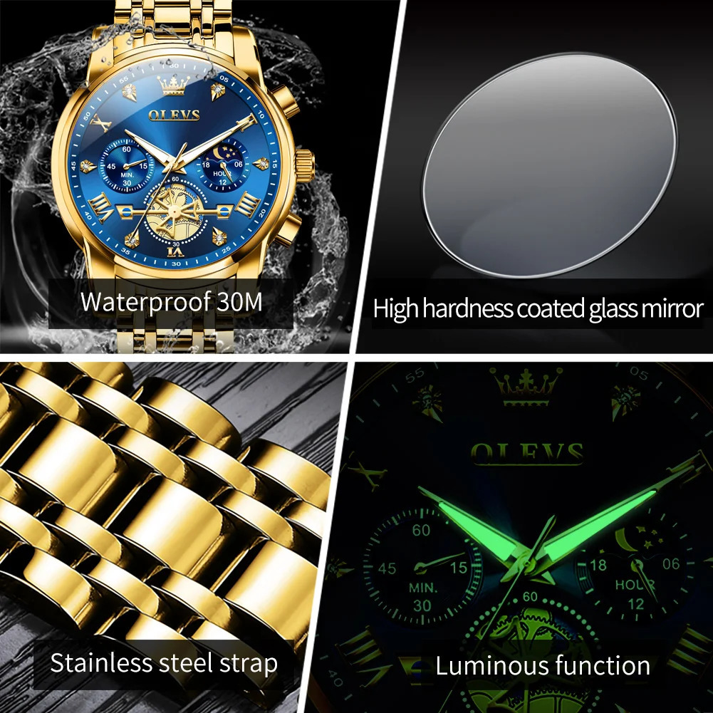 OLEVS 2856 Mens Watches Add Color Moon Phase Waterproof Quartz Watch Luminous Calendar Wristwatch Original 250603