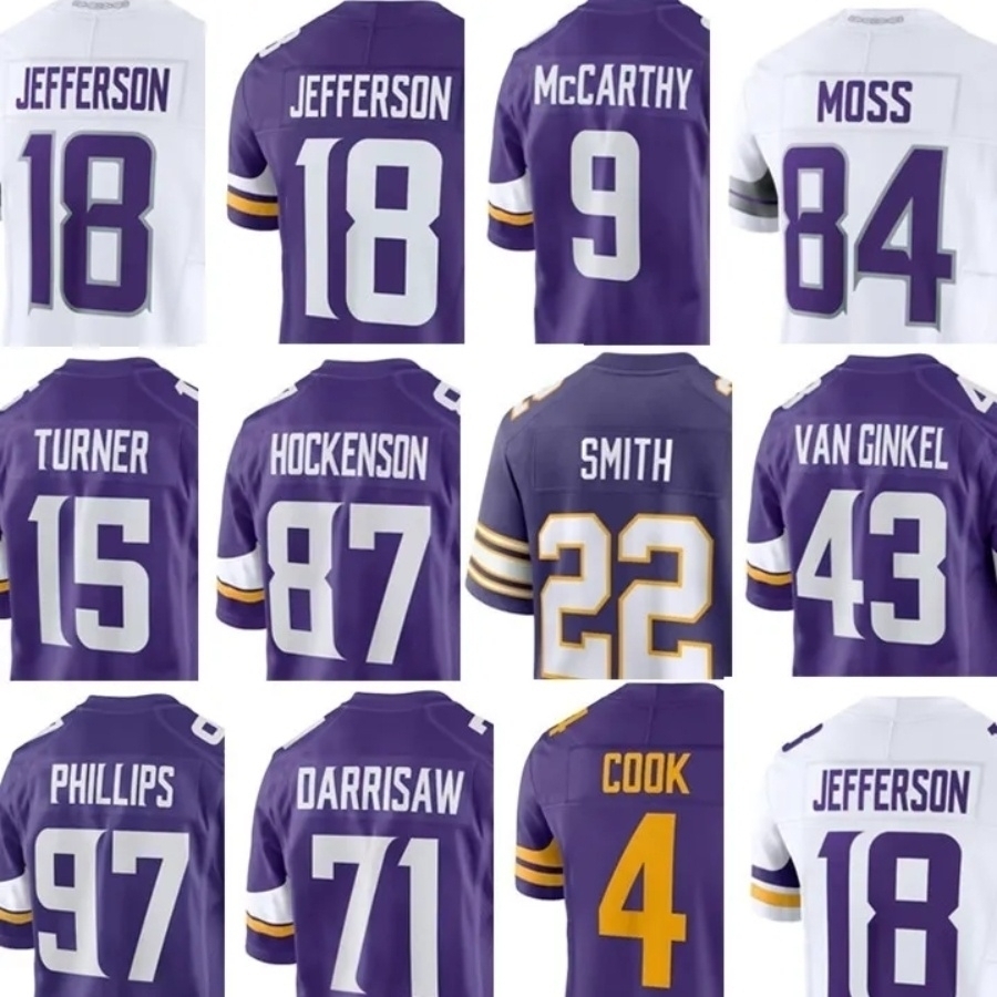 Donovans Jackson Jersey Football Justin Jefferson Randy Moss Alan Page Aaron Jones Addison Blake Cashman T.J. Hockenson Will Reichard Jalen Nailor Harrison Smith