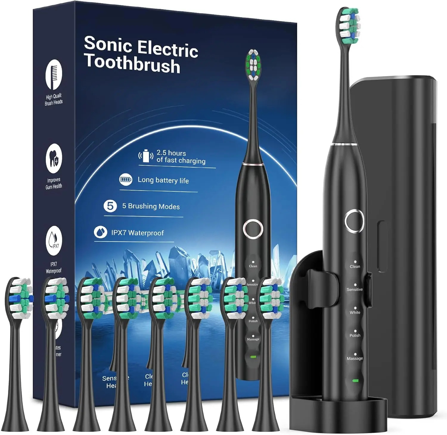 Rtauys S5 Upgraded Sonic Electric Toothbrush for Adults and Kids Ages 12 with 8 Brush Heads IPX7 Travel Toothbrush with Case 250516