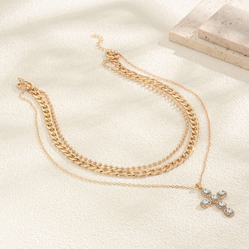 Multi Layer Crystal Studded Cross Pendant Necklace High Women Fashion Chain