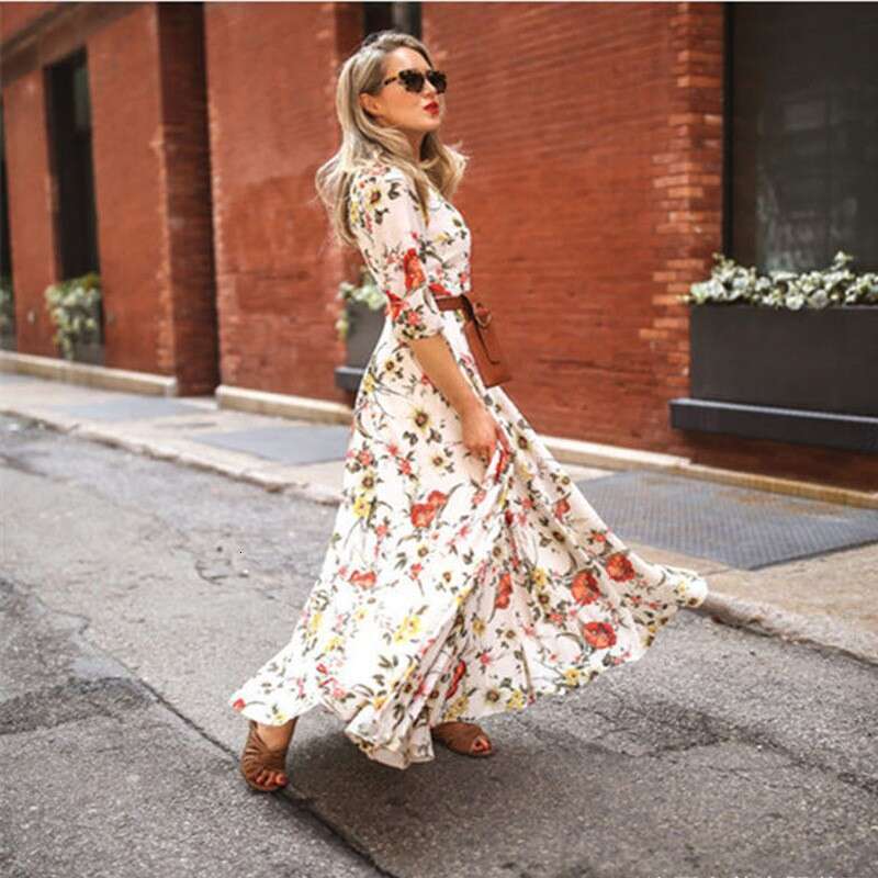 Maxi Dress Spring Autumn New With Digital Printing And Dazzling Style Fragmented Flower Slimming Long Dress Floral Dress