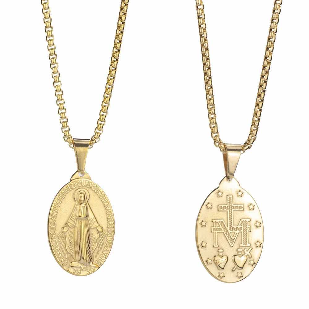 Golden Color Medal Virgin Mary Necklace Stainless Steel Virgin Mary Pendant Necklace For Men Women Cross Medallion Choker XJ250524