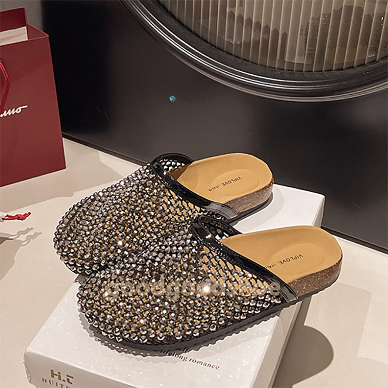 designer sandals rhinestone fishing net slippers black gold glisten rhinestone beaded sandal comfort platform clogs women shoes summer daily walk sand
