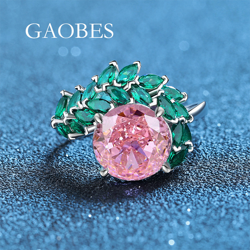 S925 sterling silver ice flower cut ring with pink and green marquise stones, full diamonds, trendy fashion ring for women