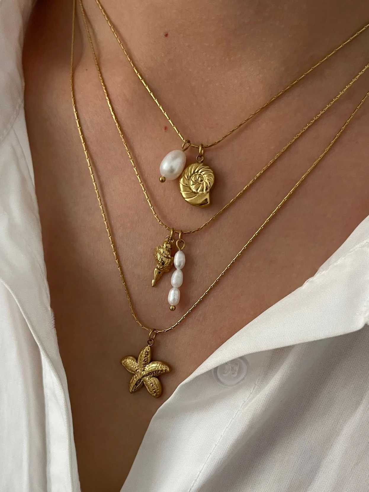 Perisbox Waterproof Beach Party Holiday Jewelry Natural Freshwater Pearl Conch Starfish Pendant Necklace Women Train Accory XJ250524
