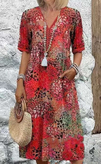 Maxi Dress Fashion New Printed Lace V Neck Short Sleeved Dress Floral Dress