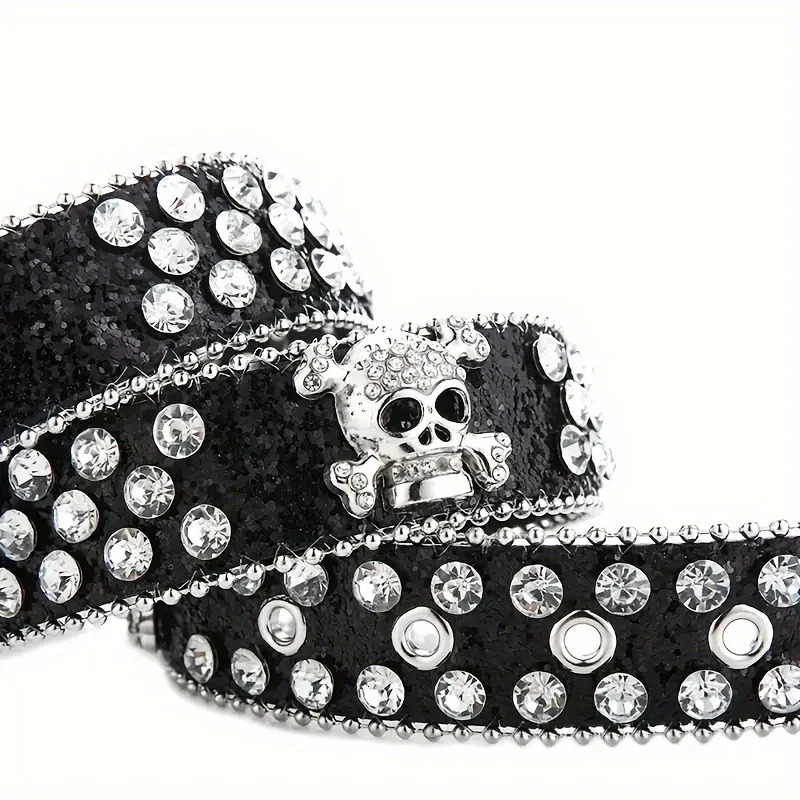 Rhinestone Belt Western Belts Y2k Cowboy Cowgirl Studded Belt Goth Emo Skull Sequin PU Belt for Women Jeans Pants Black and Red 250523