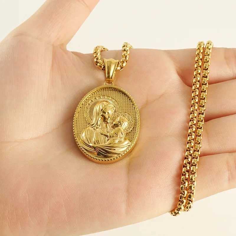 Stainless Steel Virgin Mary Pendant Necklace For Women Men Gold/Silver Color Metal Virgin Mary Medal Necklaces XJ250524