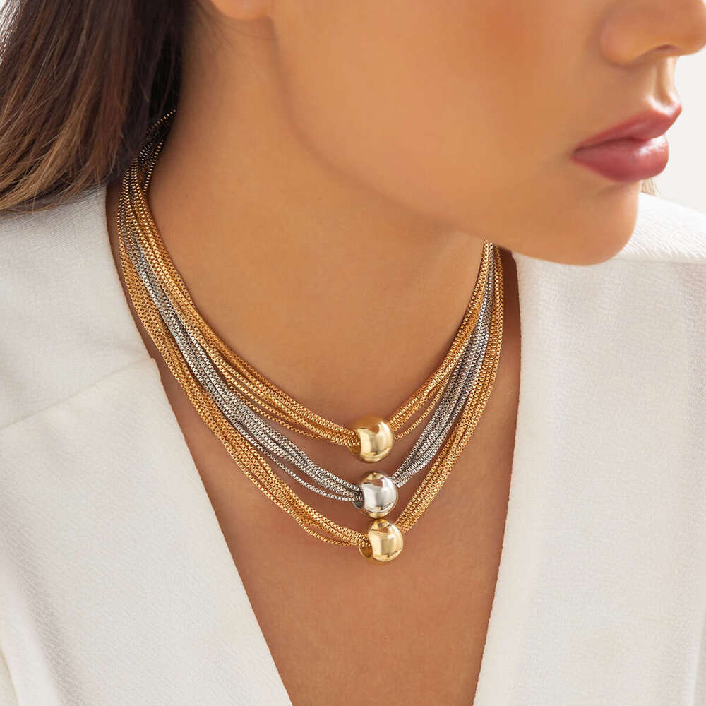 Exaggerated Punk Multi layered Chain Layered Decoration Minimalist and Small Form Geometric Ball Personalized Necklace Choker