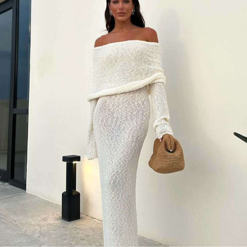 Maxi Dress New Vacation One Neck Beach Cover Shirt Slimming Trumpet Sleeve Dress Long Dress