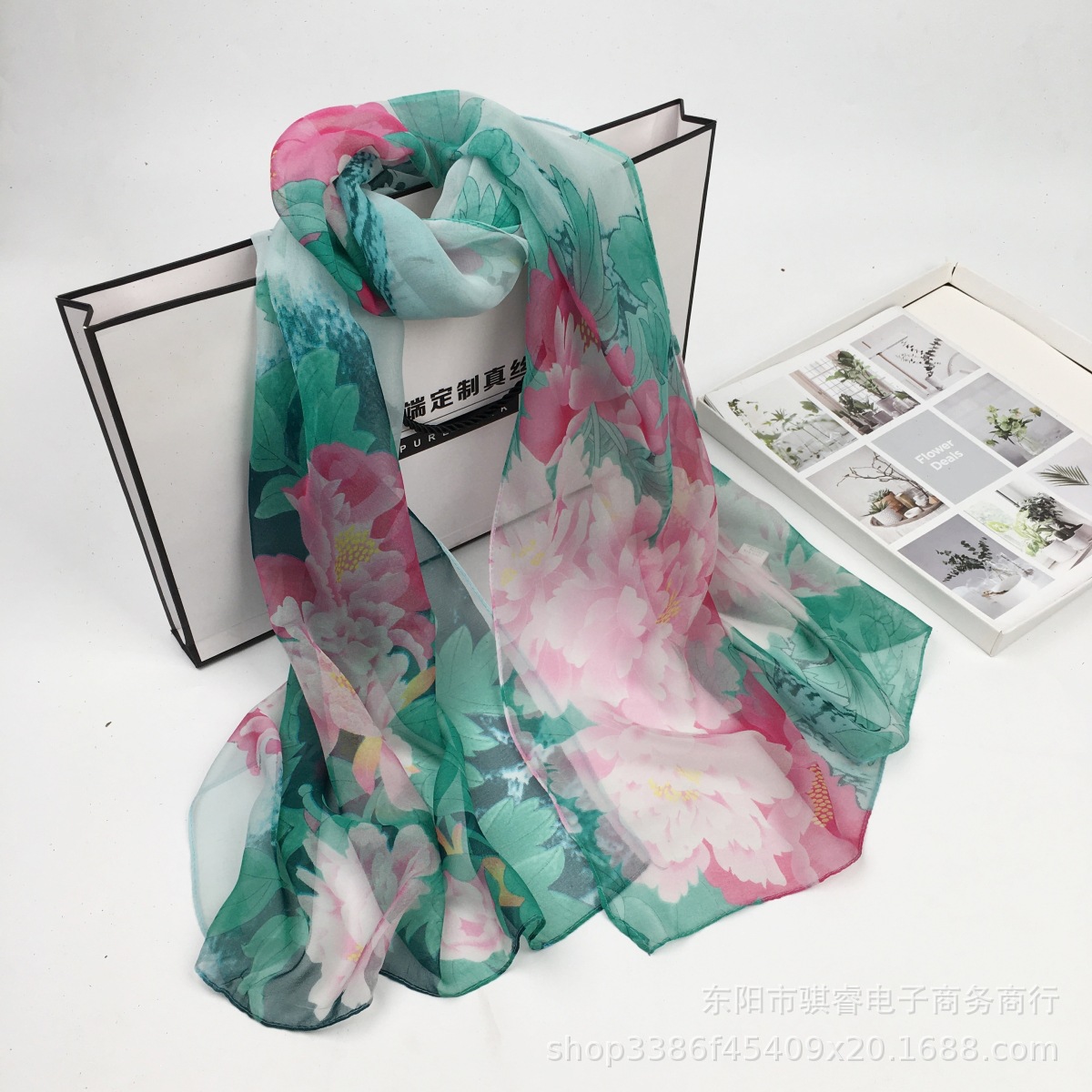 K812 New fashion landscape peony Georgette scarf elegant temperament ladies silk scarf wholesale middle-aged ultra-thin
