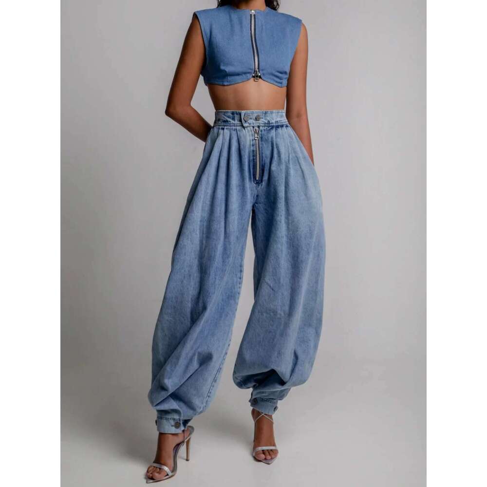 Women Pant High Waisted Zipper Denim Bloomers Pants Loose Vintage Streetwear Casual Harem Jeans Trousers