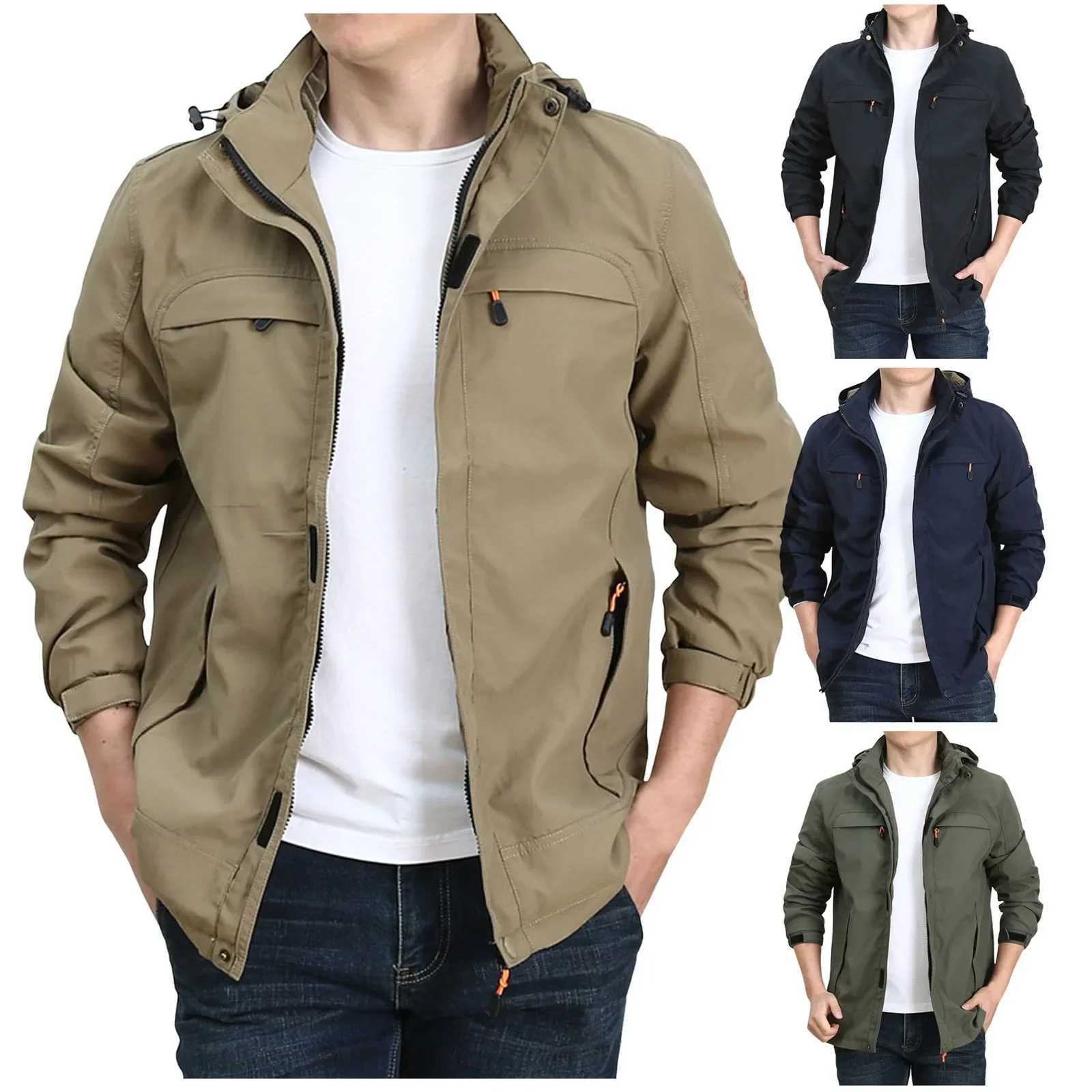 Mens Medium Long Cotton Jacket Leisure Pocket Washed Cotton Tooling Cotton Jacket Outdoor Windproof Solid Color Simple Jacket W250524