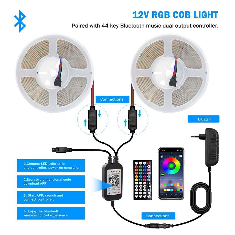 12V Bluetooth RGB COB LED Strip 44key 24key Remote Control EU US UK AU Power Kit Flexible Light Tape 840LED/m 0.5m 5m Home Decor W250524