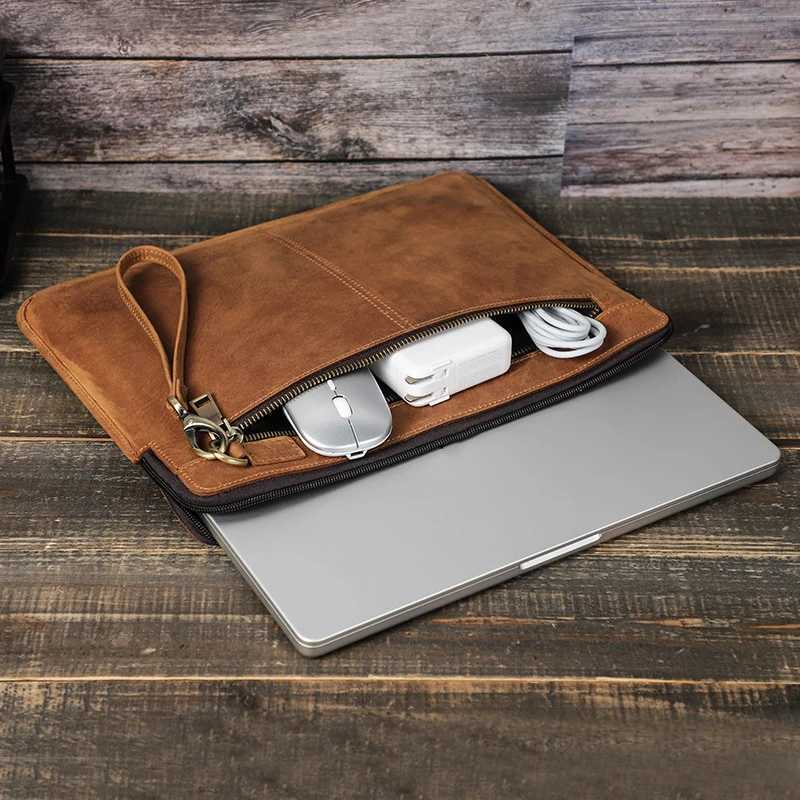 Crazy Horse Leather Laptop Sle Case For Book Pro 14.2Inch Book Pro Book Air Case with Zipper Z250524