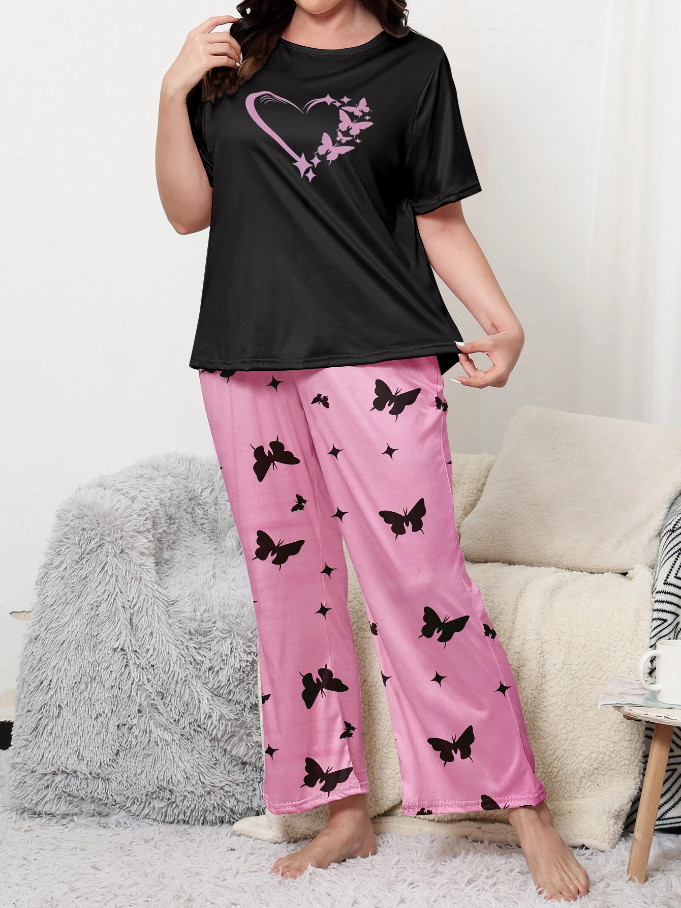 Plus size pajama set love short sleeved butterfly pants suitable for both home and casual wear Short plus 250513Z