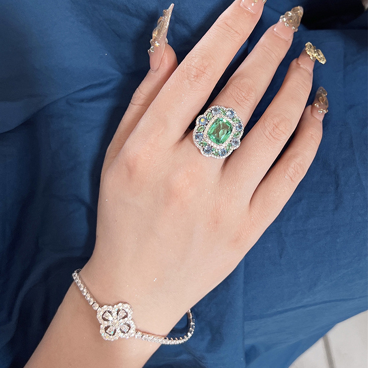 S925 sterling silver 8*10 high carbon diamond green tourmaline best girl girlfriend's garden ring European luxurious and high-end live sales best