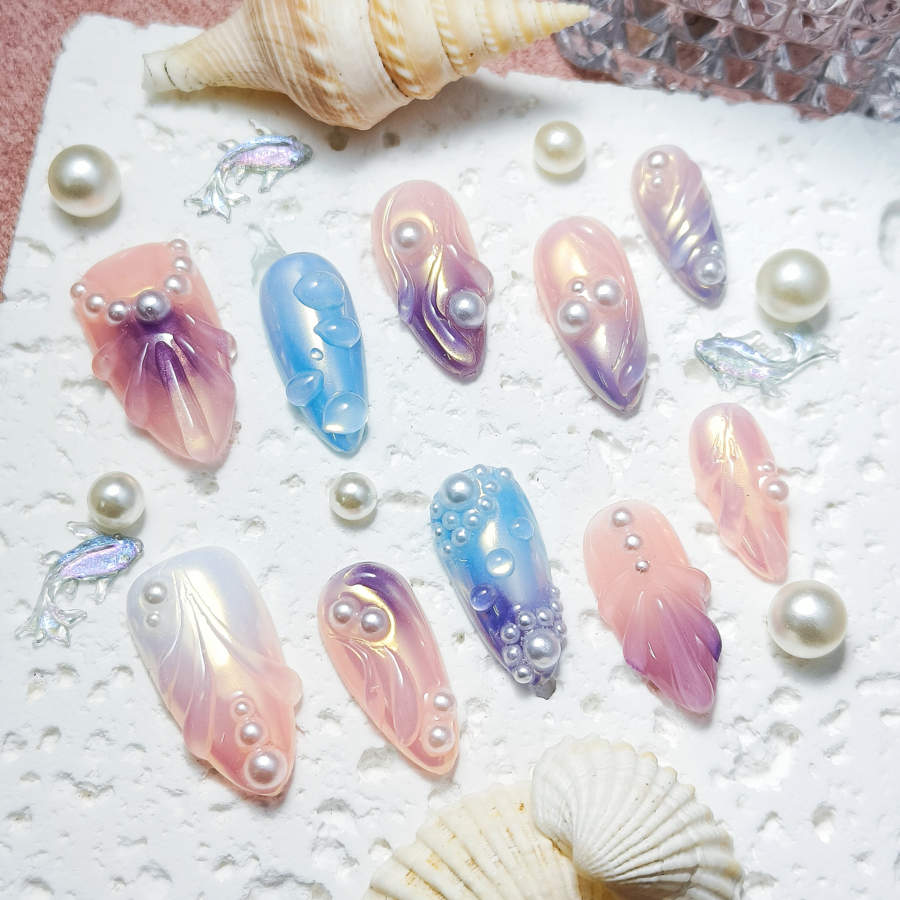 10pcs Mermaid Handmade Press-on nails Medium Almond Nails 3D Hand drawn Fake nails Bundle Sweet Finished nail stickers Free storage box jelly glue and