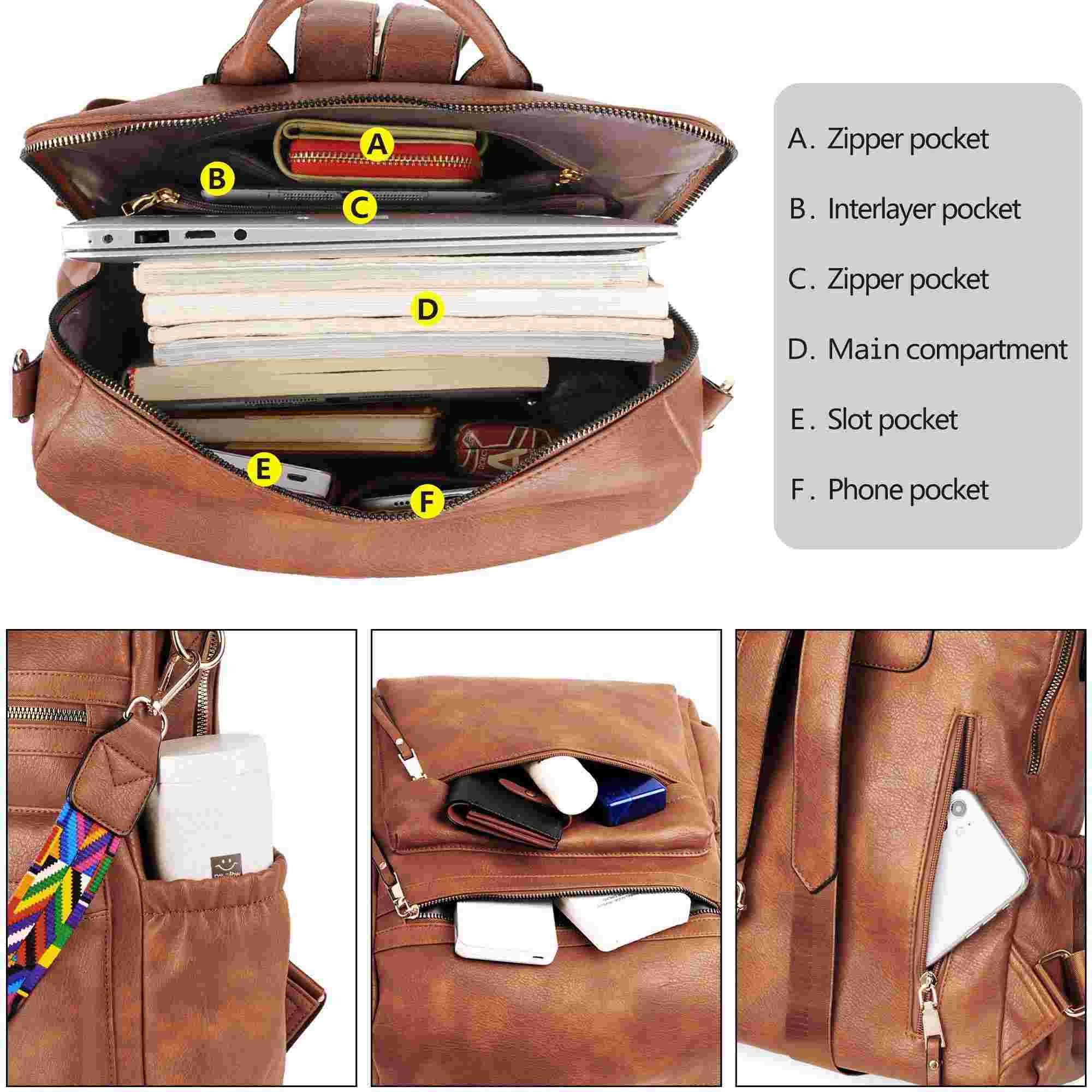 Backpack Purse for Women Fashion PU Leather Designer Anti-theft School Backpack Convertible Shoulder Bags Brown (Ship from Walmart WFS)