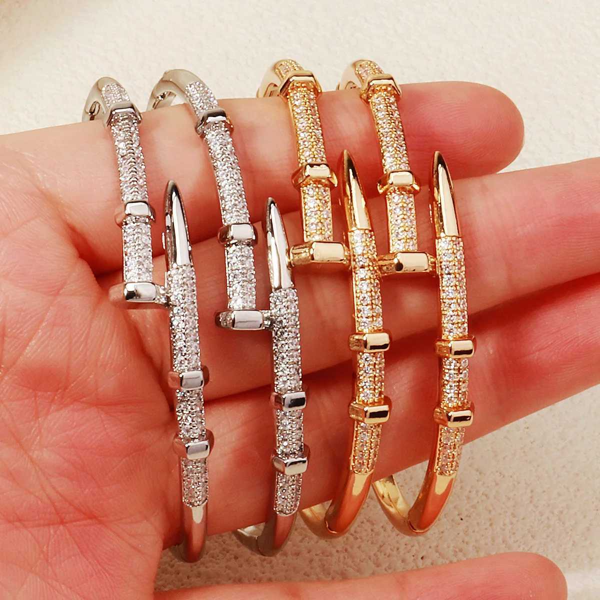 4pk/Set Fashion For Women TrenDY Daily Copper Zirconium No Rust Bangles Open Adjustable Gifts Z250524