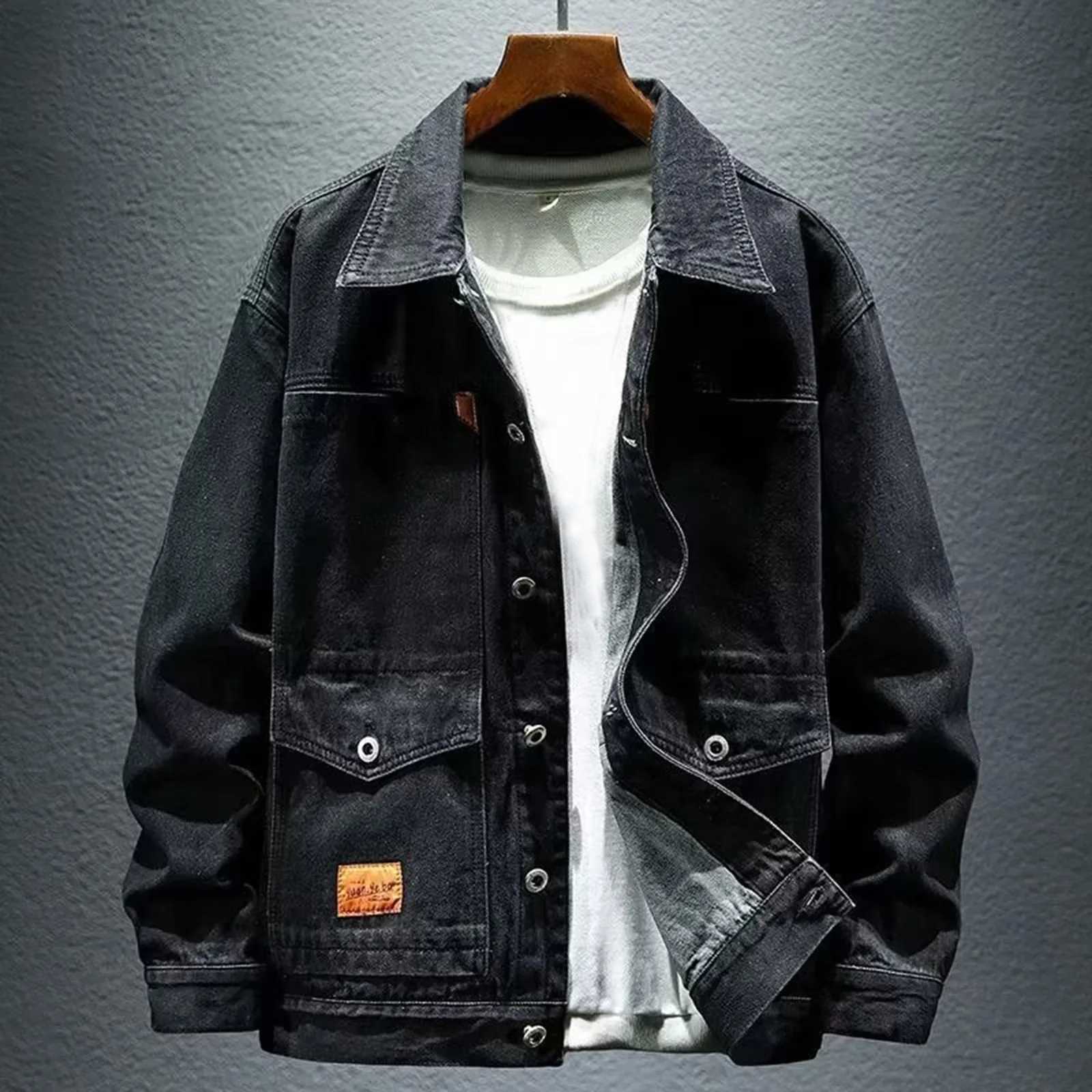 Mens Denim Jacket Cowboy Retro Cotton Denim Coat Spring Loose Fit Jeans Jacket Outerwear Y2k Vintage Big Size Casual Denim Jacket W250524