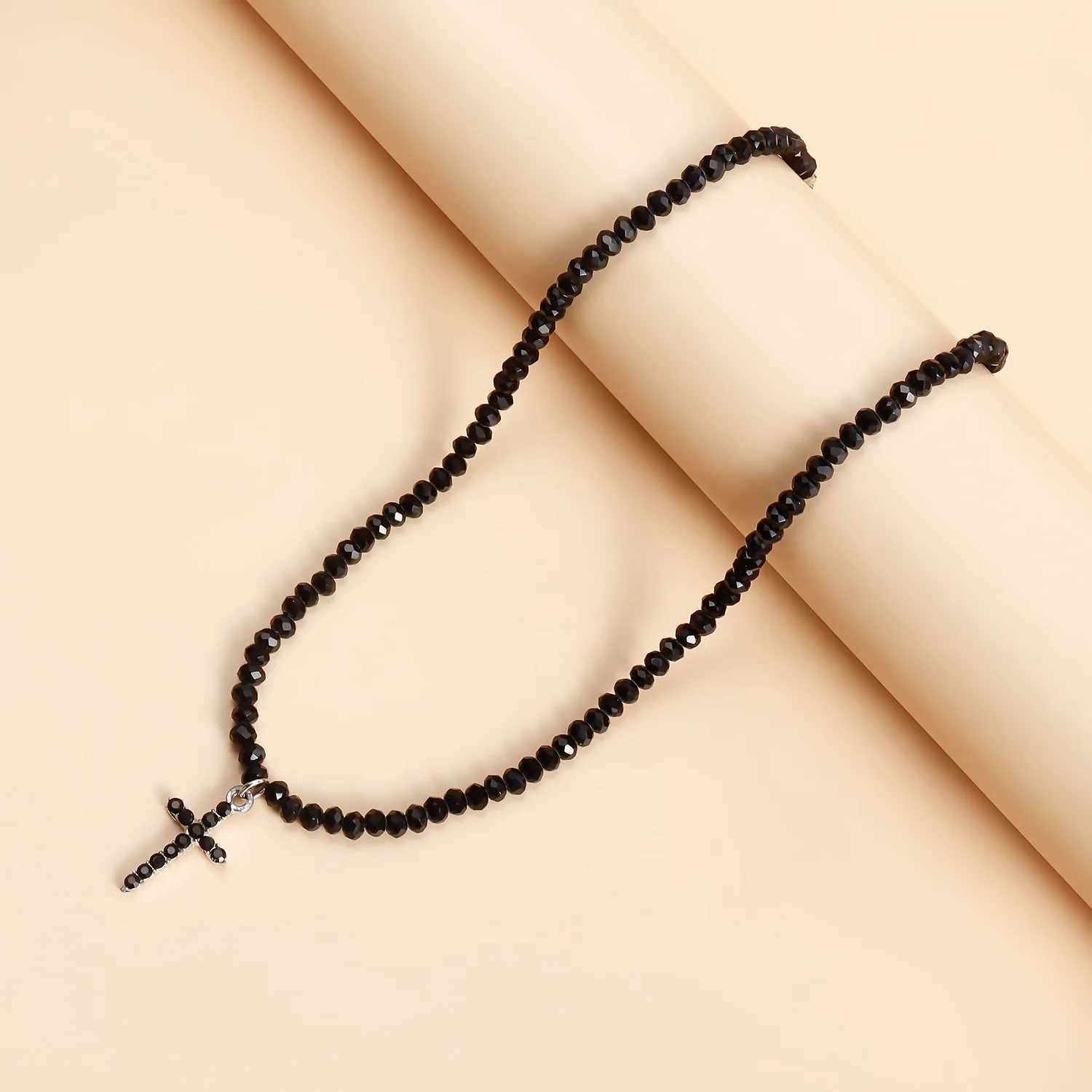 Simple Black Beads Necklace with Cross Pendant Female Jewelry Luxury Rhinestone Choker Necklaces Women Ladies Party Necklace XJ250524