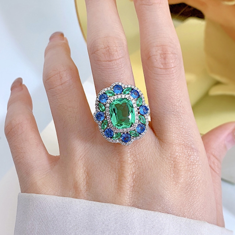 S925 sterling silver 8*10 high carbon diamond green tourmaline best girl girlfriend's garden ring European luxurious and high-end live sales best