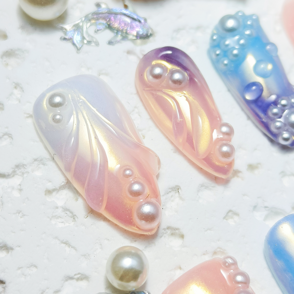 10pcs Mermaid Handmade Press-on nails Medium Almond Nails 3D Hand drawn Fake nails Bundle Sweet Finished nail stickers Free storage box jelly glue and